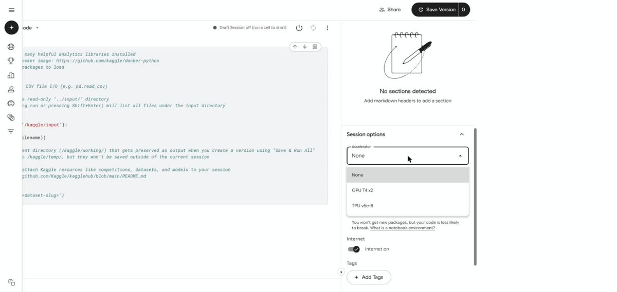 The Accelerator menu in Kaggle, with GPU T4 x2 in the list