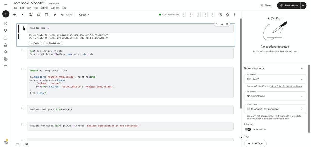 Kaggle notebook showing GPU 0 and GPU 1, both Tesla T4