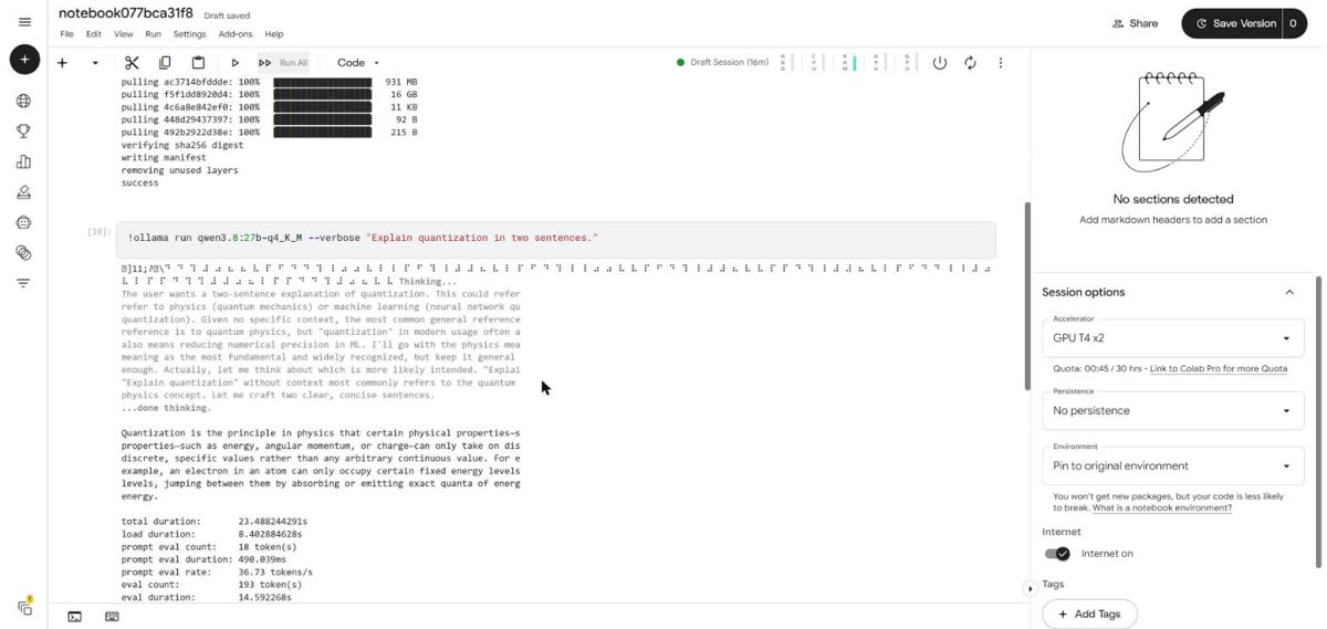 The model answer on Kaggle, with the speed printed below it