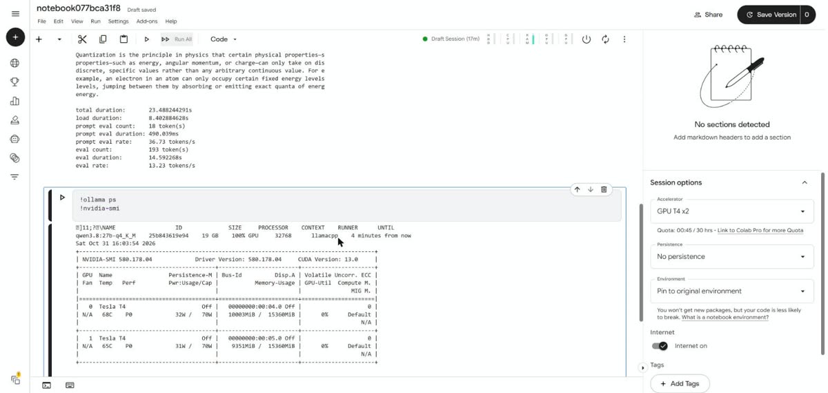 ollama ps shows 100% GPU and nvidia-smi shows memory in use on both cards